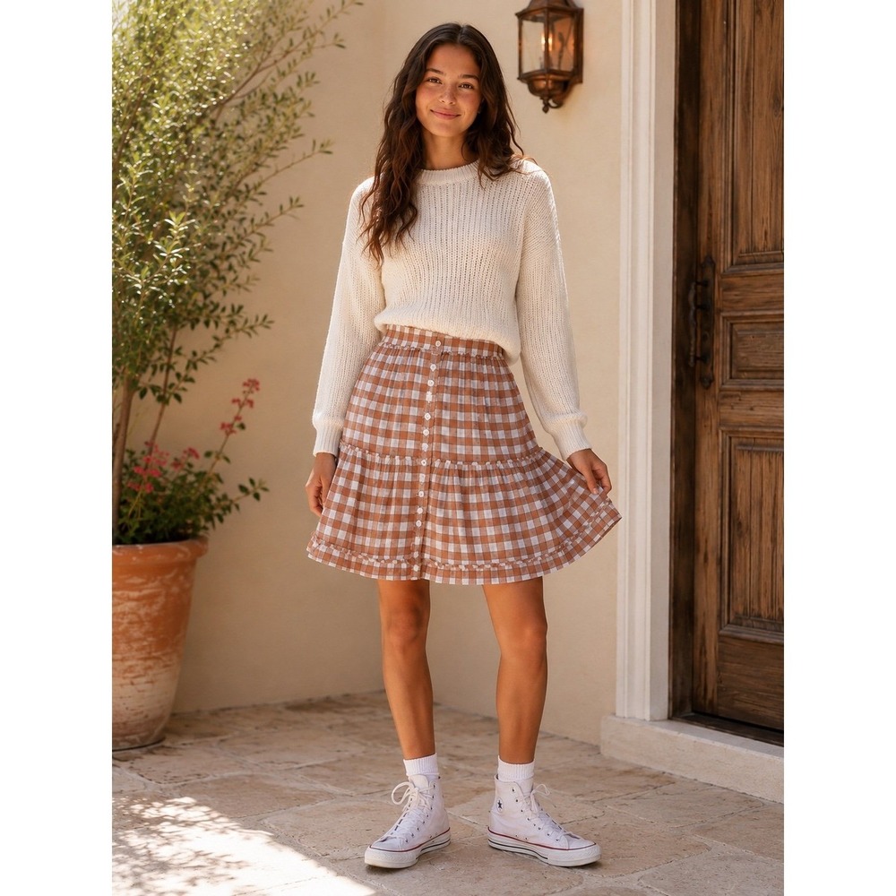 Old Navy Girls XL 14-16 Tiered Gingham Midi Skirt Brown White Button Front Cotto